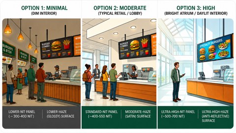 Ambient lighting comparison — Minimal (dim interior), Moderate (typical retail/lobby), High (bright atrium/daylit interior)