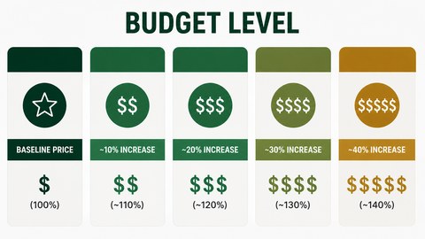 Budget tier comparison — $ (budget consumer) through $$$$$ (premium commercial)