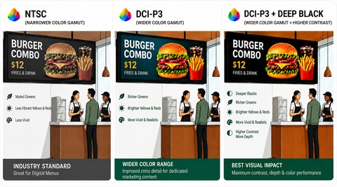 Content type comparison — DCI-P3 (wider color gamut, more vivid) vs. NTSC (narrower gamut, less impact)