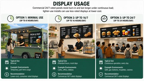 Operating hours comparison — Minimal use vs. Up to 16/7 vs. 24/7 continuous duty cycles