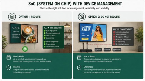SoC with Device Management — built-in commercial SoC vs. external Minix/VPlayer media player