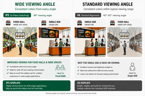 Venue type comparison — Single QSR (head-on viewing) vs. Food Hall (wide off-axis viewing)