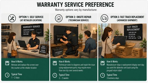 Warranty service comparison — Fast Track Replacement (advance ship) vs. OnSite Repair (technician dispatch)